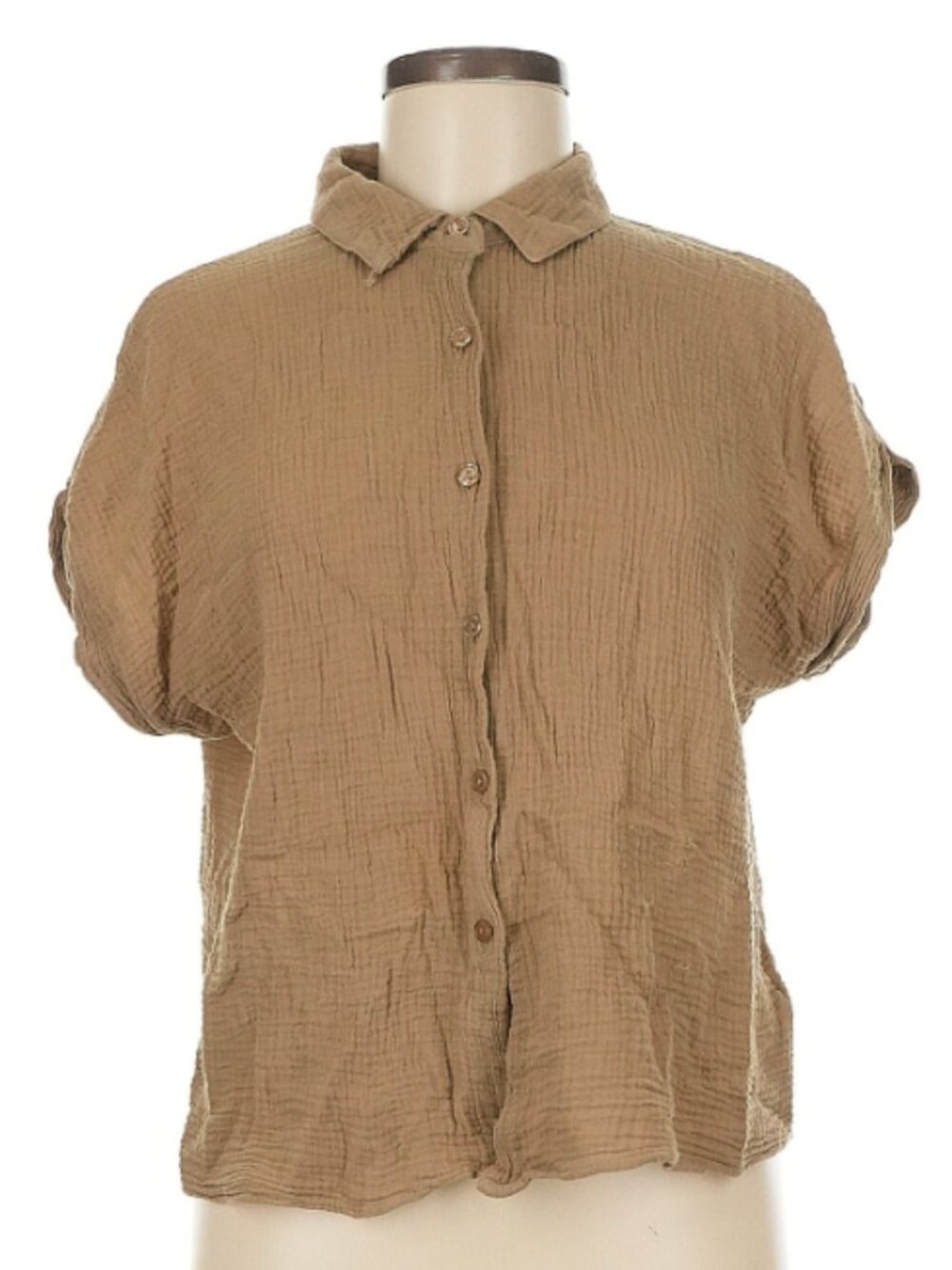 Brown Textured Gauze 100% Cotton Button-Down Short Sleeve Top